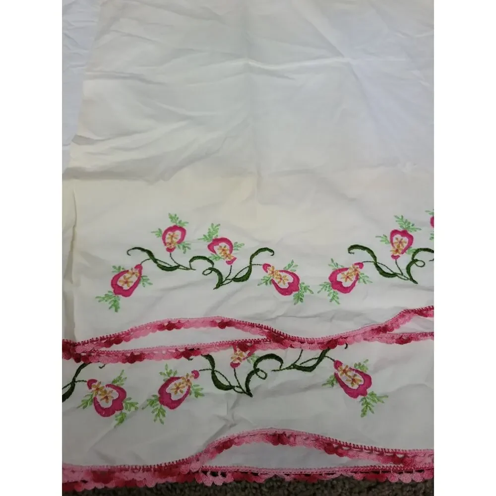 Vintage Standard Cotton pair of Pillowcases with vibrant hand stitched Flowers